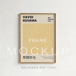 May include: A framed art print featuring a beige background with a yellow maze-like line pattern. The text reads YAYOI KUSAMA, TOKYO 1998, and Japanese characters. The frame is thin and metallic. The words FRAME MOCKUP are overlaid in white text.