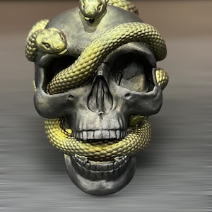 May include: A matte black human skull sculpture featuring two textured snakes with a metallic gold finish coiled around the cranium and jaw. The snakes have detailed scales and are positioned to wrap across the eye socket and chin area.