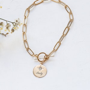 Link Bracelet with Custom Engraved Disc, Personalized Disc Bracelet, Gold Name Bracelet, Gold Disc Bracelet image 2
