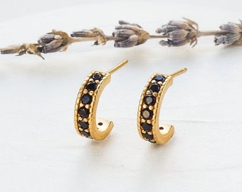 Gabrielle Earrings, Hoop Earrings, Zircon Hoop Earrings, Black and Crystal Zircons Earrings