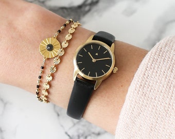 25 mm watch - ALL BLACK, Classic Women's Watch, Black Leather Strap, Gold Women's Watch, Gold Wrist Watch