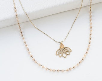 Lotus Layered Necklace, Layerd Necklace, Stone Jewelry, Botanic Pendant