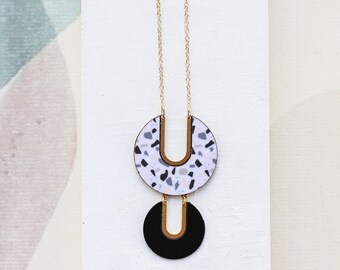 Formica Pendant Long Silver Necklace, Colorful Necklace Eliptic pendant Long Contour Necklace Long gold Necklace