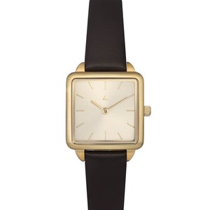 Rechteck Uhr in gold, Klassische Damenarmbanduhr, Gold Armbanduhr, Schwarzes Lederarmband, Gold Damenuhr