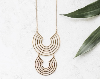 Cameroon Necklace, Long Geometric Necklace, Gold Round Pendant,