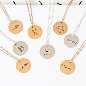 Long Custom Engraved Disc Necklace, Long Monogram Necklace, Personalized Disc Necklace, Long Name Necklace, Initial Necklace, Gold Monogram