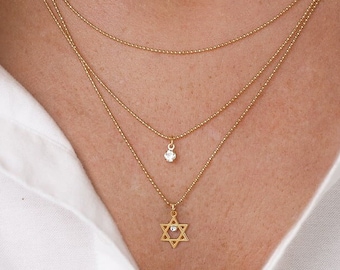 3 Layered Star of David Necklace, Layered Necklace, ball Chain Necklace, Star of David Pendant Necklace, Zircon Stone Jewelry