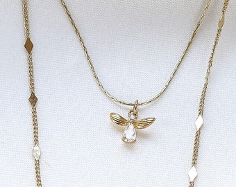 Angel Necklace, Angel Pendant Layered Necklace, Dainty Layered Necklace, Zirconia Stone Jewelry, Multi-Strand Necklace