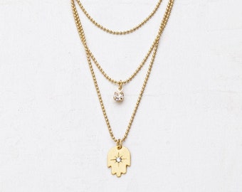3 Layered Hamsa Necklace, Layered Necklace, ball Chain Necklace, Hamsa Pendant Necklace, Zircon Stone Jewelry, Gold And Silver Jewelry
