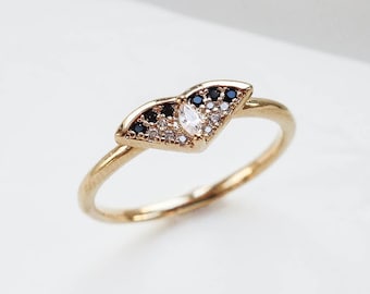 Ida Ring, Delicate Fan Ring, Ring With Zircon, Black Zircon RIng, Crystal Zircon Ring, Multi-Stone Ring