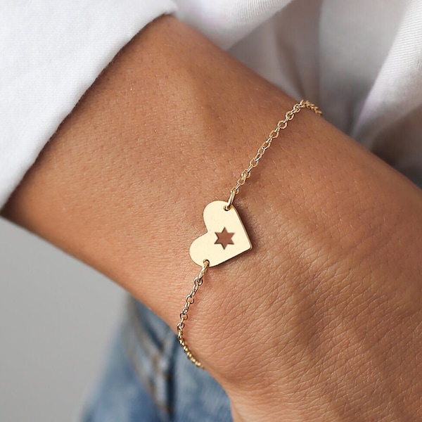 Bracelet coeur Israël, bijoux de soutien Israël, bracelet empilable, bijoux étoile de David, breloque en forme de coeur
