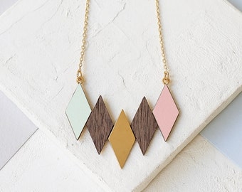 Oslo Necklace, Geometric Necklace, Scandinavian design, Veneer Jewelry, Rhombuses Necklace, Formica Jewelry, Tiles Necklace, Pattern Jewelry