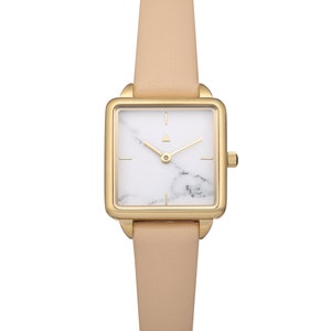 Rechteck Uhr aus Marmor, Klassische Damenarmbanduhr, Gold Armbanduhr, Schwarzes Lederarmband, Gold Damenuhr