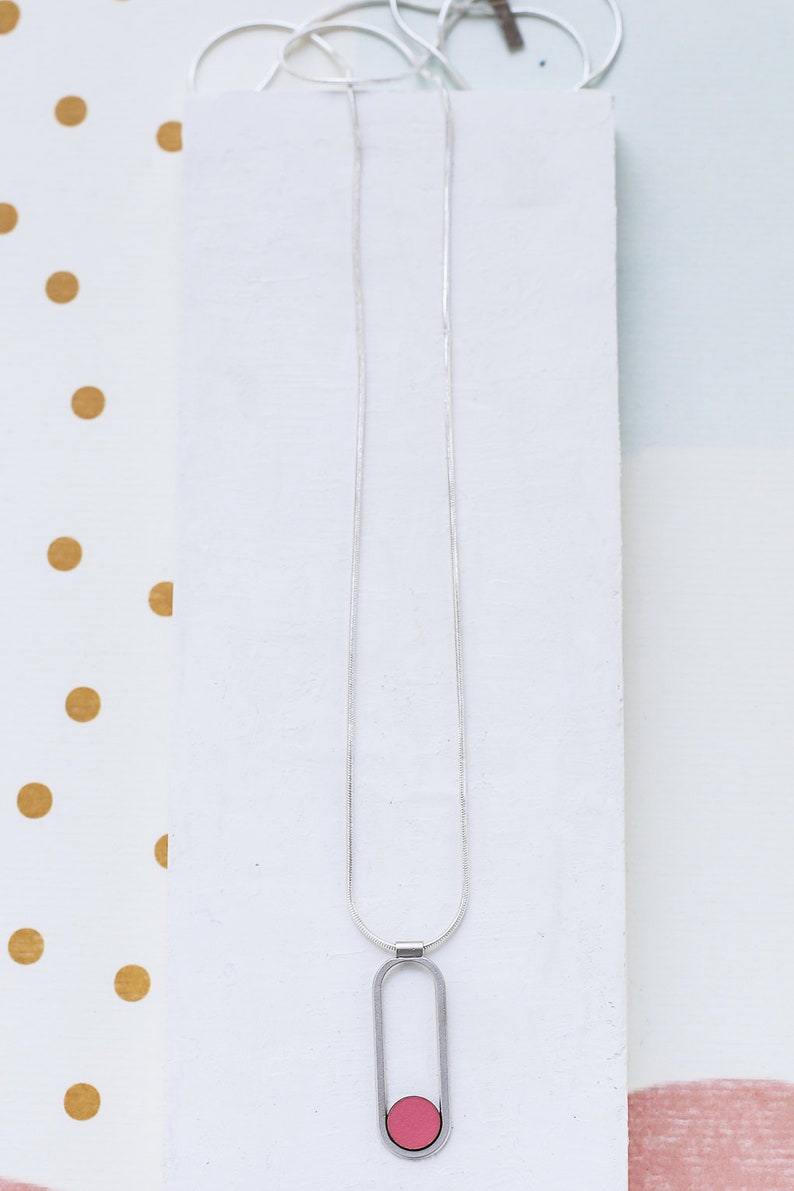 Formica Pendant Long Silver Necklace, Colorful Necklace Eliptic pendant Long Contour Necklace Long gold Necklace