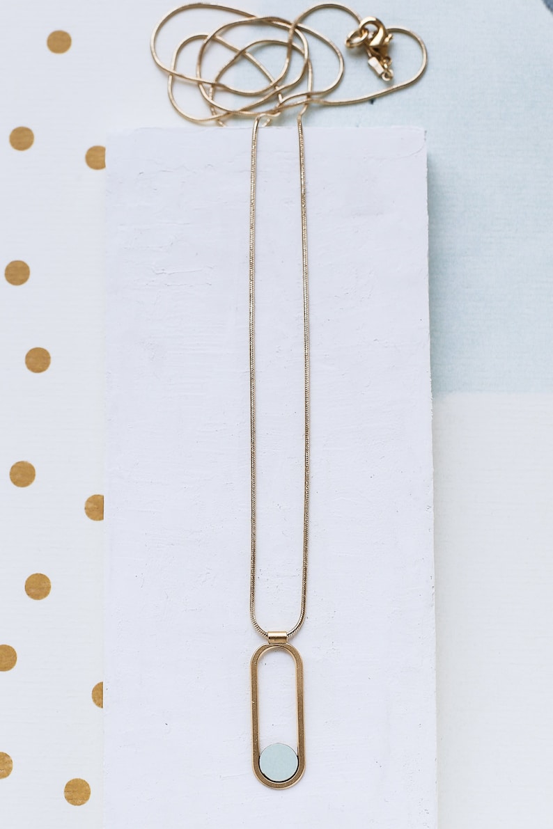Formica Pendant Long Silver Necklace, Colorful Necklace Eliptic pendant Long Contour Necklace Long gold Necklace
