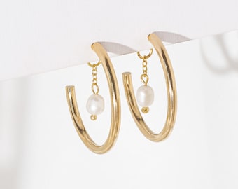 Liz Hoop Earrings, Pearl Earrings, Pearl Hoop, Bridal Earrings, Classic Hoop Earrings, Earrings with Pendant