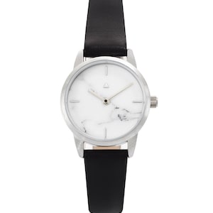 25 mm Silver Watch in Marble and Black, Classic Women&#39;s Watch, Marble Wrist Watch, Black Leather Strap, Silver Women&#39;s Watch, Wrist Watch