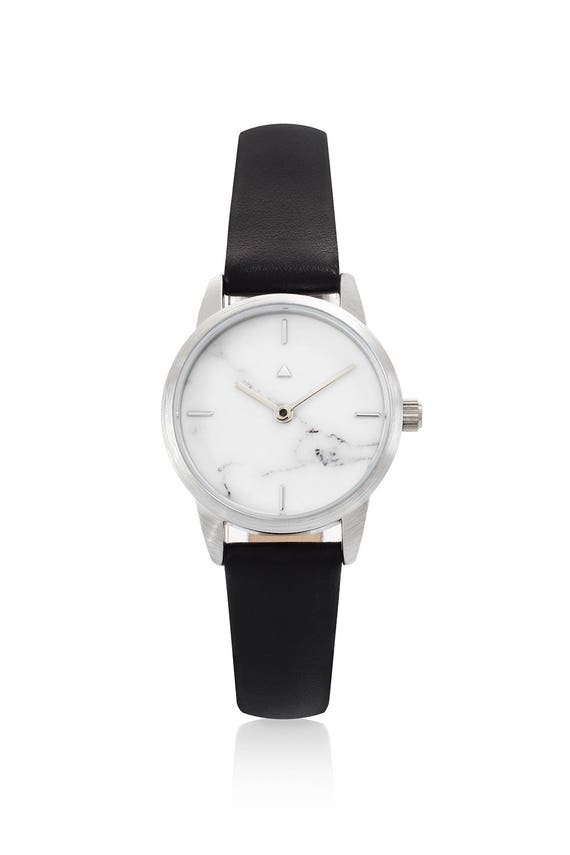 25 mm Silver Watch in Marble and Black Classic Women s Watch Marble Wrist Watch Black Leather Strap Silver Women s Watch Wrist Watch