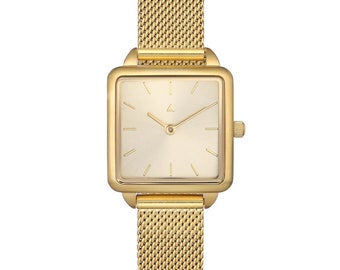 Rectangle watch with a golden mesh strap, Classic Women's Wrist Watch, Gold Women's Watch, Mesh Strap Watch