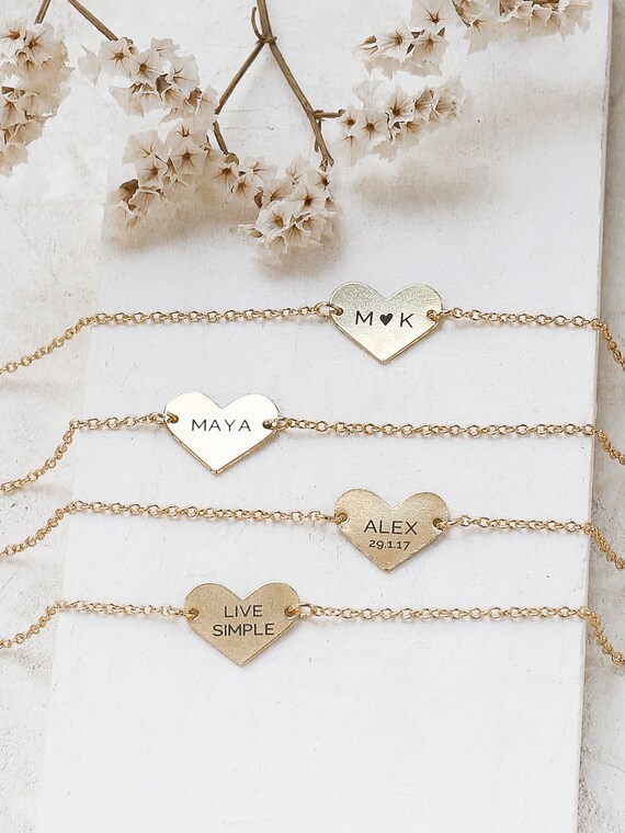 Engraved Gold Heart Charm Bracelet