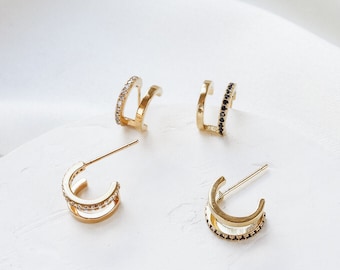Billie Earrings, Double Hoop Earrings One Piercing, Zirconia Stones Earrings