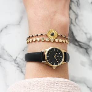 25 mm watch ALL BLACK, Classic Women's Watch, Black Leather Strap, Gold Women's Watch, Gold Wrist Watch image 3