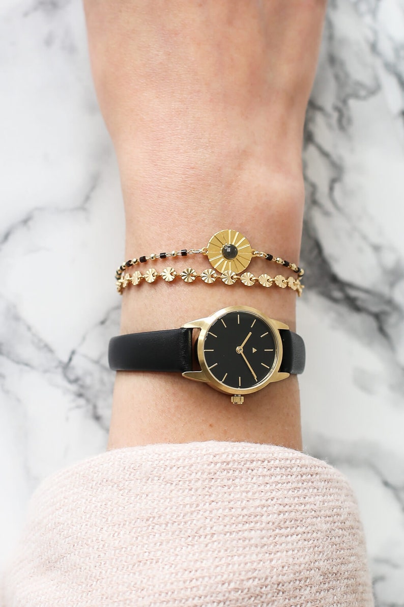 25 mm watch ALL BLACK, Classic Women's Watch, Black Leather Strap, Gold Women's Watch, Gold Wrist Watch image 3