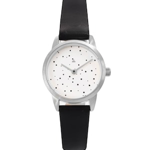 25 mm Silver Watch in Black and Dots, Classic Women&#39;s Watch, Doted Wrist Watch, Black Leather Strap, Silver Women&#39;s Watch, Wrist Watch
