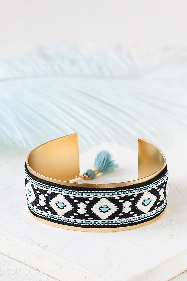 Boho Bracelet Gold Plated Cuff Fabric Cuff Colorful Cuff Etsy