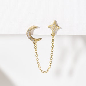 Midnight Double Earrings, Double Earring, Post Earrings, Connected Earrings, Zirconia Stones Earrings , Chain Earrings, Star and moon shape