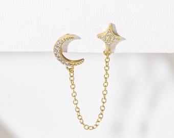 Midnight Double Earrings, Double Earring, Post Earrings, Connected Earrings, Zirconia Stones Earrings , Chain Earrings, Star and moon shape