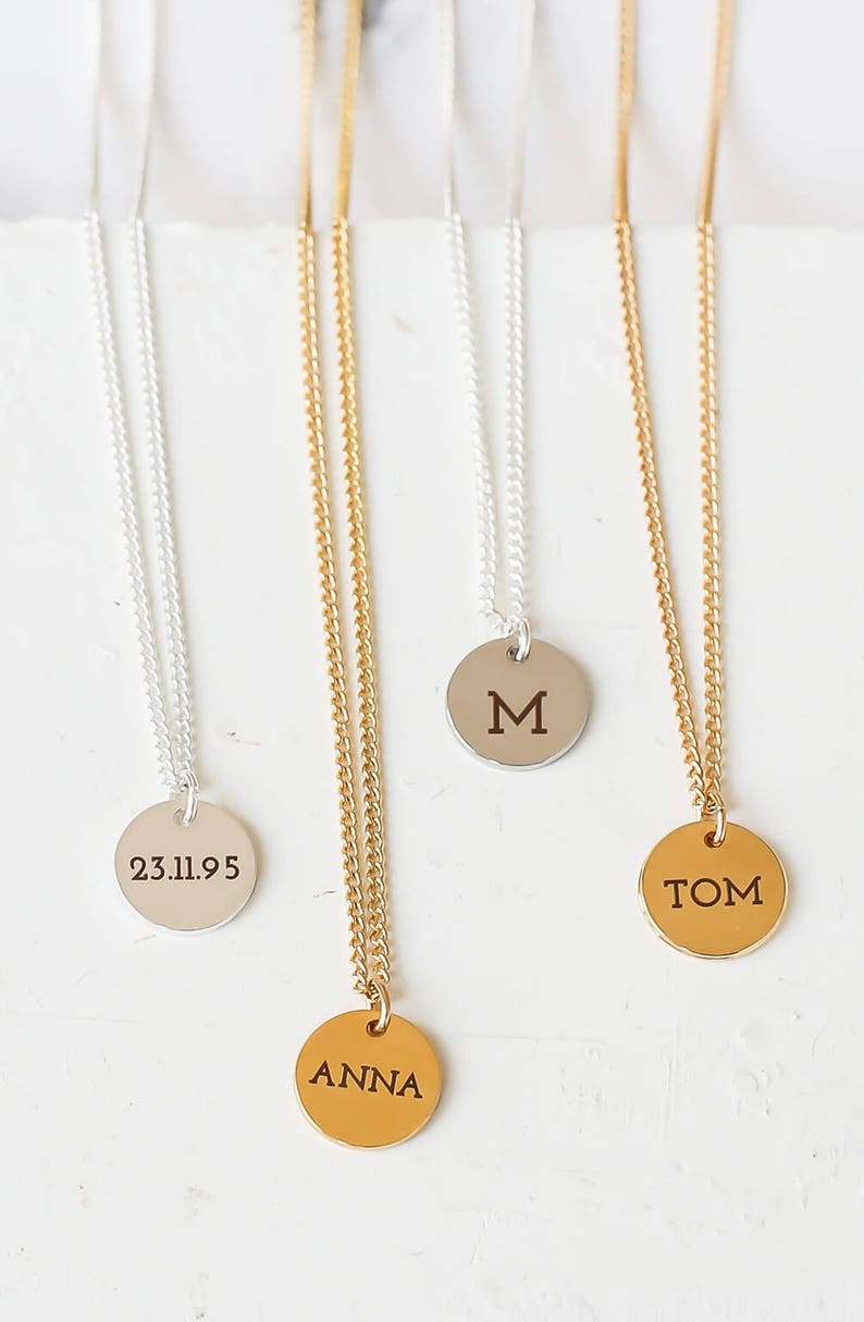 Name Necklace Tiny Monogram Necklace Gold Monogram Initial Necklace Custom Engraved Tiny Disc Necklace Personalized Disc Necklace