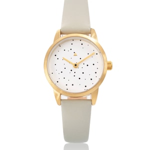 25 mm Watch in Light Grey and Dots, Classic Women&#39;s Wrist Watch, Doted Wrist Watch, Grey Leather Strap, Gold Women&#39;s Watch, Wrist Watch