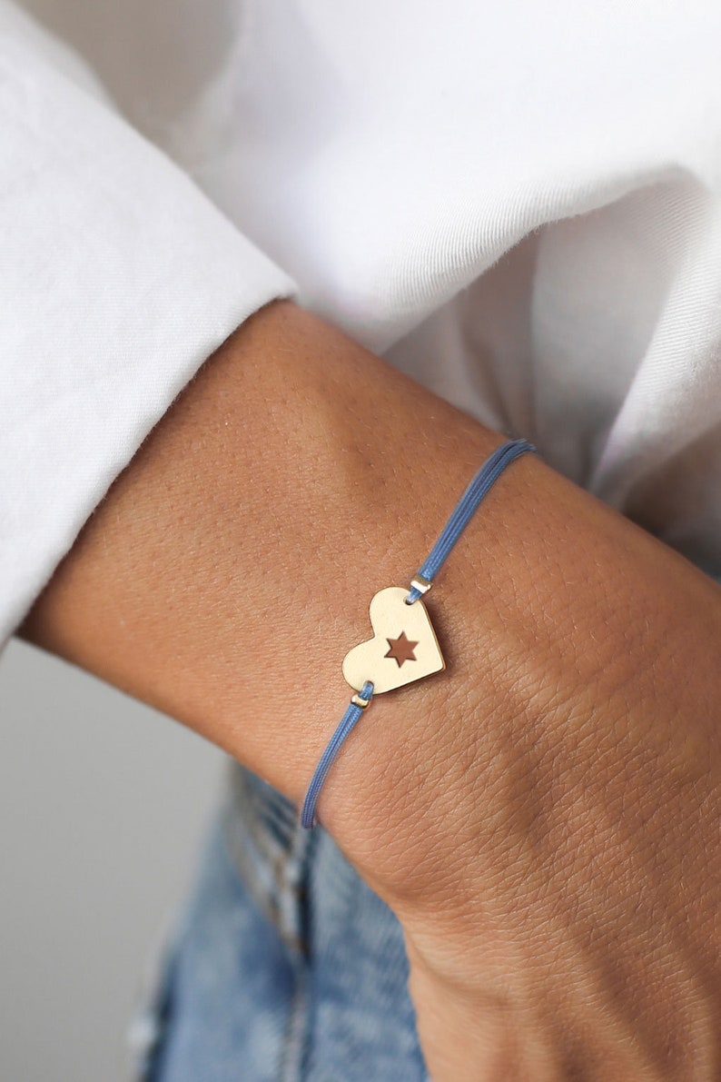 Israel At heart Bracelet, Support Israel Jewelry, Stackable Bracelet, Star of David Jewelry, Heart Shape Charm zdjęcie 3