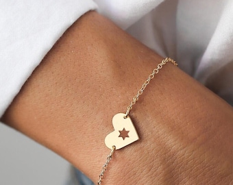 Israel At Heart Bracelet - Child Size, Support Israel Jewelry, Stackable Bracelet, Star of David Jewelry, Heart Shape Charm