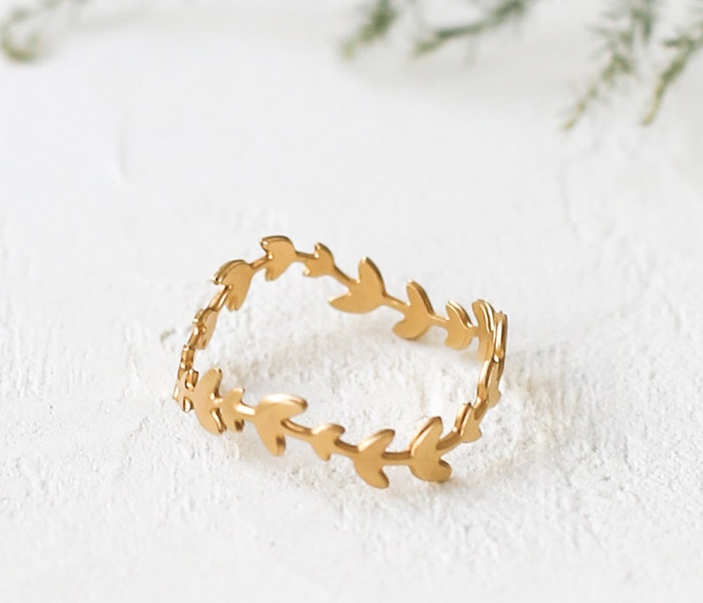 Evergreen Ring Leaf Band Leaves Rings Dainty Gold Plated Etsy