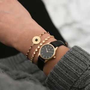 25 mm watch ALL BLACK, Classic Women's Watch, Black Leather Strap, Gold Women's Watch, Gold Wrist Watch image 2