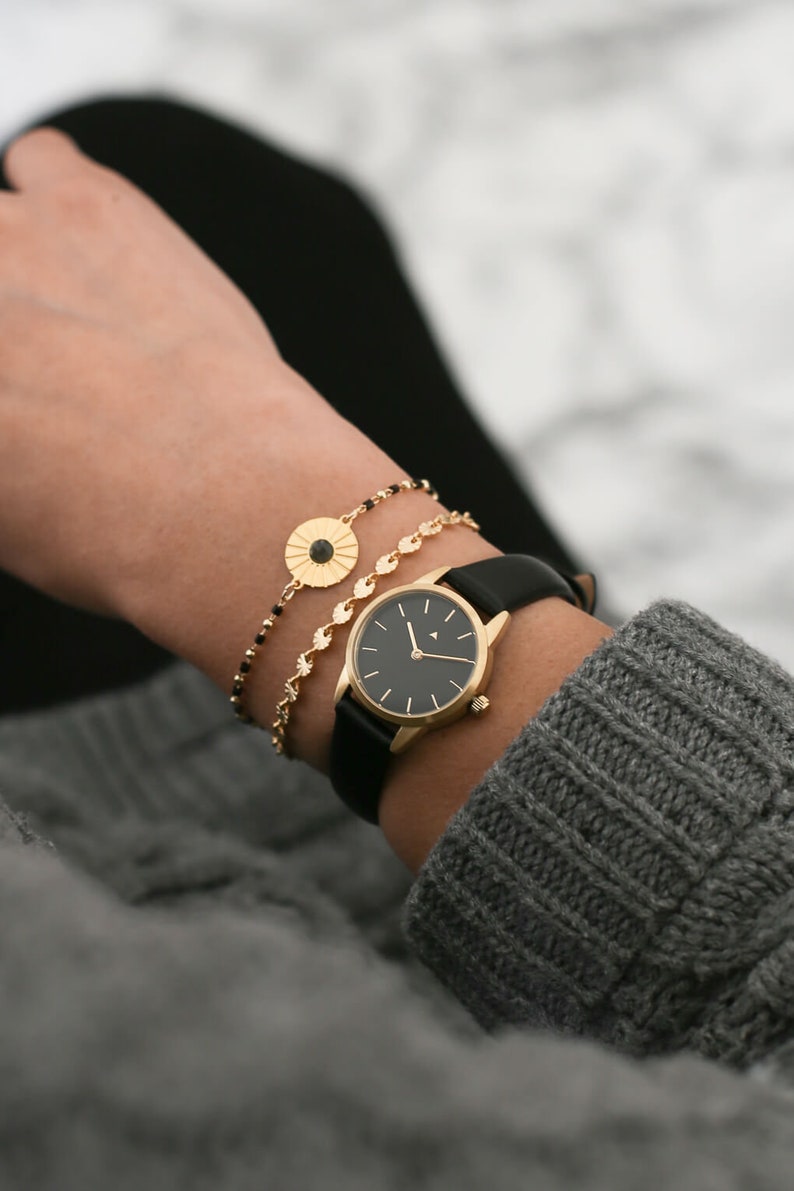 25 mm watch ALL BLACK, Classic Women's Watch, Black Leather Strap, Gold Women's Watch, Gold Wrist Watch image 2
