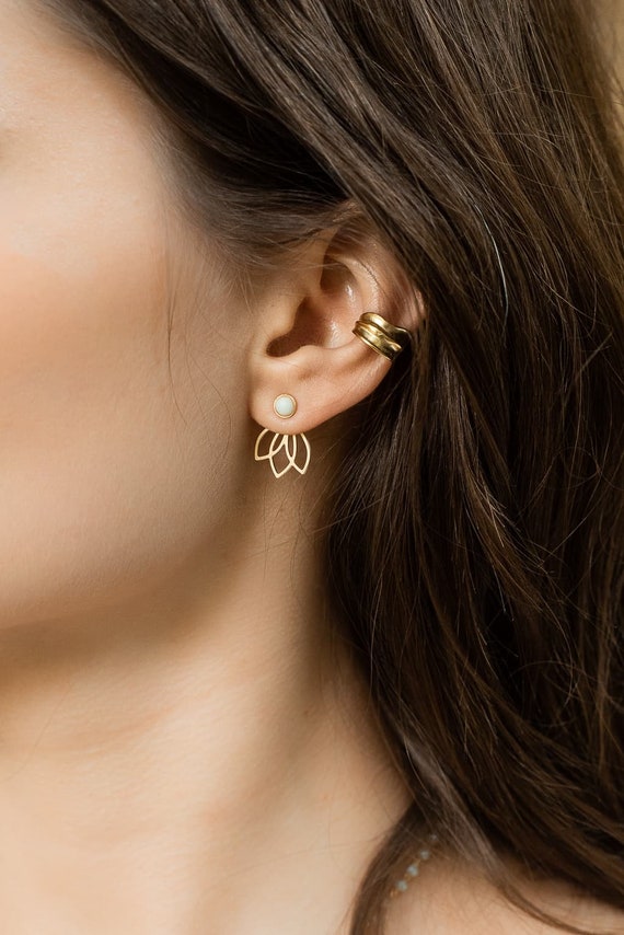 Lotus Ear Jackets Floral Earrings Stone Earrings Etsy Canada
