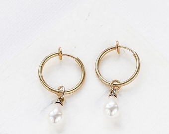 Caroline Clip-On Hoop Earrings, Pearl Earrings, Minimalist Earrings, Classic Earrings