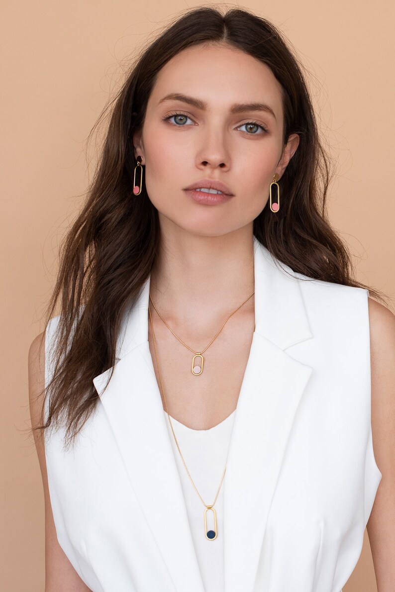 Formica Pendant Long Silver Necklace, Colorful Necklace Eliptic pendant Long Contour Necklace Long gold Necklace