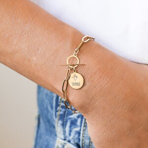 Link Bracelet with Custom Engraved Disc, Personalized Disc Bracelet, Gold Name Bracelet, Gold Disc Bracelet image 4