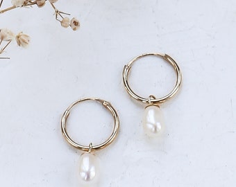 Julie Earrings in 14K gold, Glass Pearl Hoops, Solid Gold Hoop Earrings, Yellow Gold Earrings, White Gold Earrings, Hoop Earrings