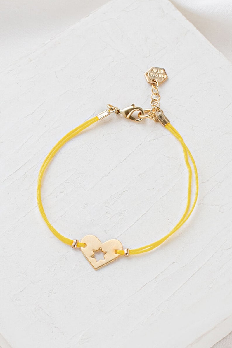 Israel At heart Bracelet, Support Israel Jewelry, Stackable Bracelet, Star of David Jewelry, Heart Shape Charm 4 yellow