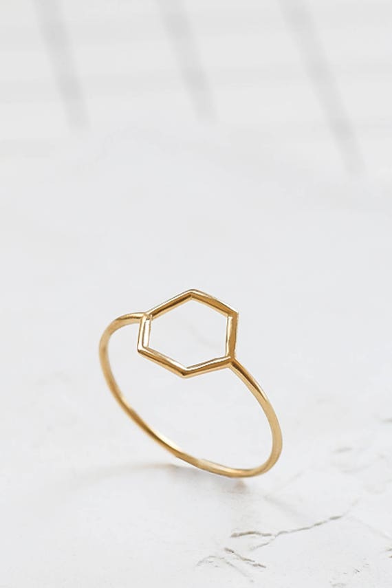 Hollow Hexagon Ring Gold Geometric Ring Dainty Gold Ring Etsy