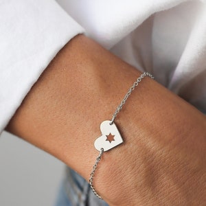 Israel At heart Bracelet, Support Israel Jewelry, Stackable Bracelet, Star of David Jewelry, Heart Shape Charm image 2