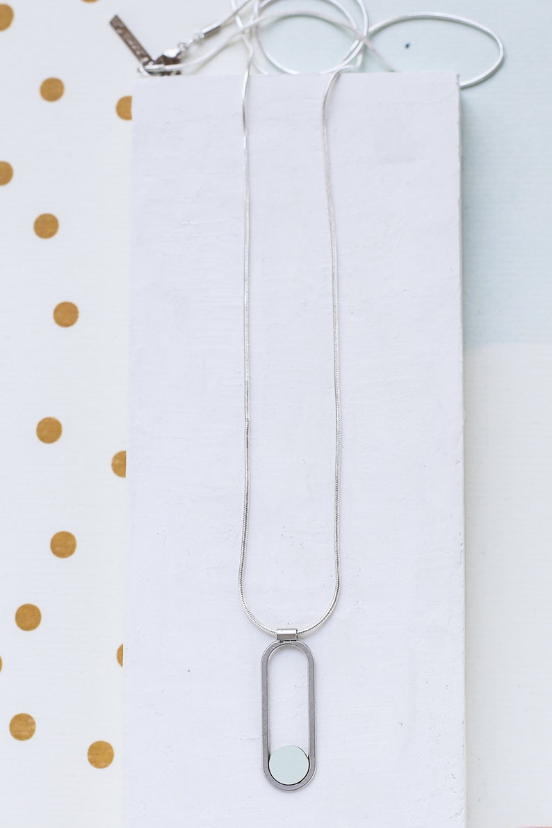 Formica Pendant Long Silver Necklace, Colorful Necklace Eliptic pendant Long Contour Necklace Long gold Necklace