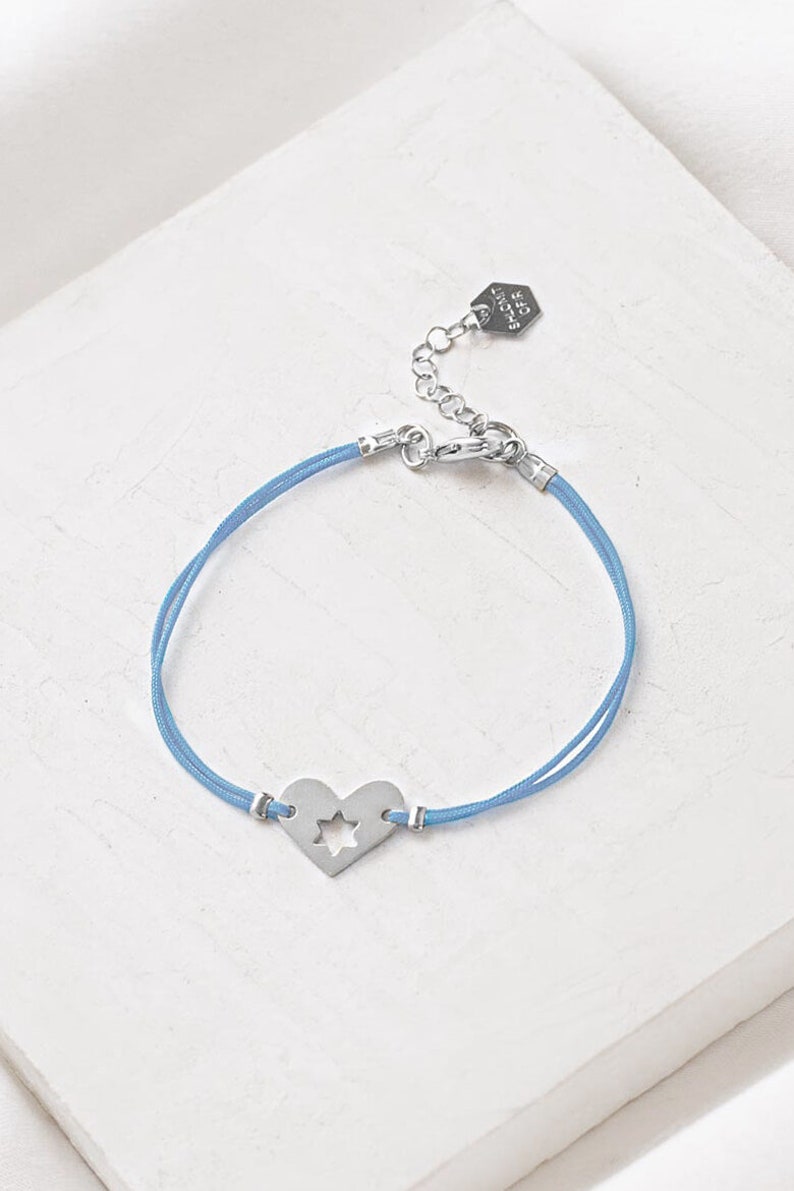 Bracelet coeur Israël, bijoux de soutien Israël, bracelet empilable, bijoux étoile de David, breloque en forme de coeur 7 light blue