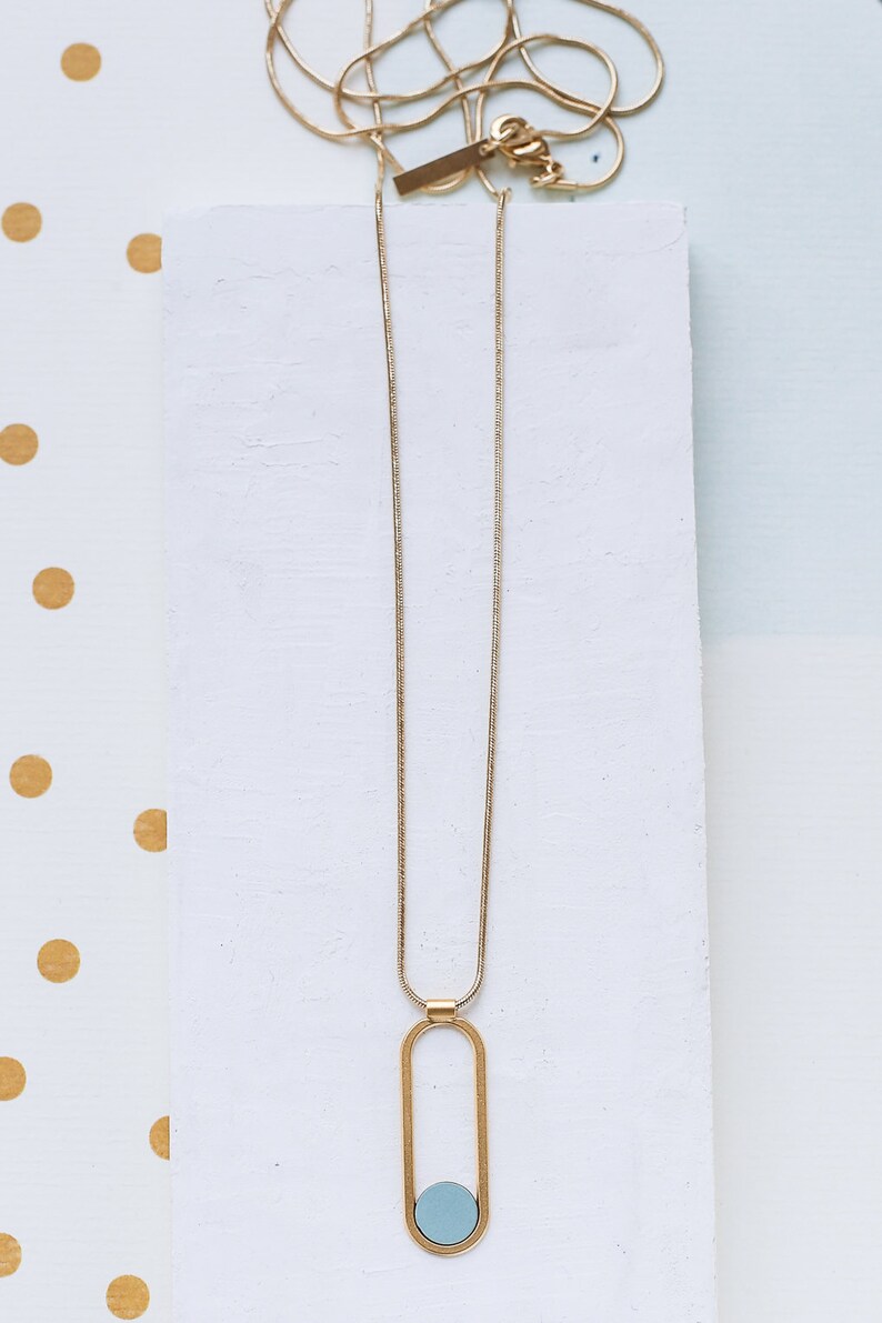 Formica Pendant Long Silver Necklace, Colorful Necklace Eliptic pendant Long Contour Necklace Long gold Necklace
