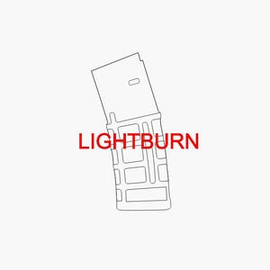 May include: Line drawing of a rectangular object with a grid pattern and the word LIGHTBURN in red. The object is angled to the left against a white background.